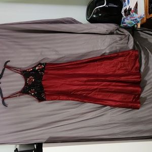 Long burgundy,spaghetti straps,  nightgown sheer black lace top w flowers